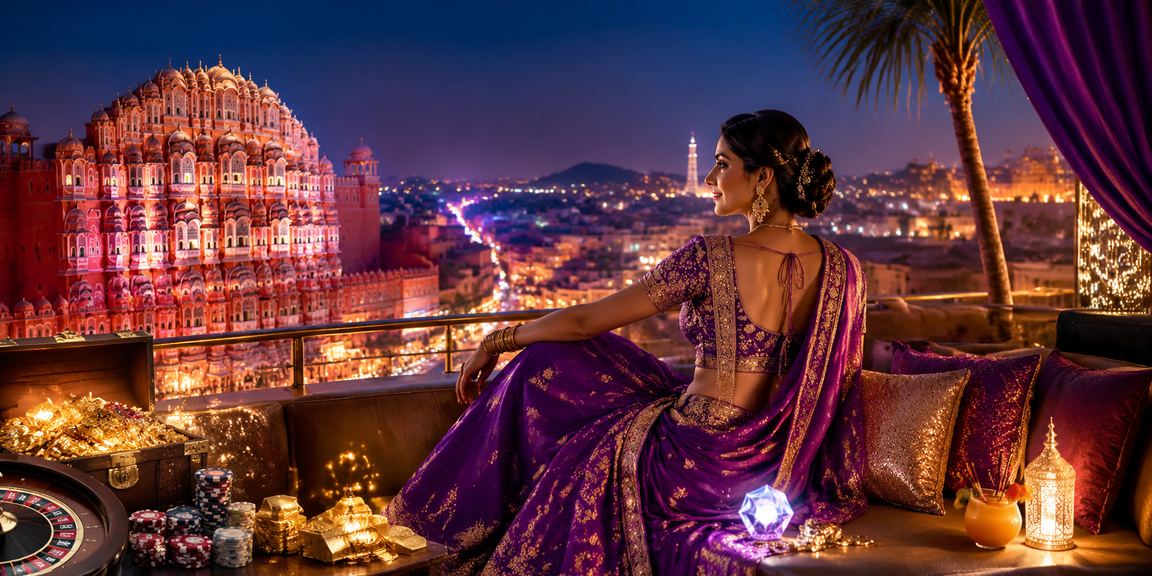 Night view of Jaipur Hawa Mahal with Bollywood theme and neon lights