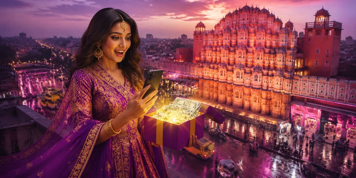 Player enjoying live casino game on mobile in Jaipur with neon background
